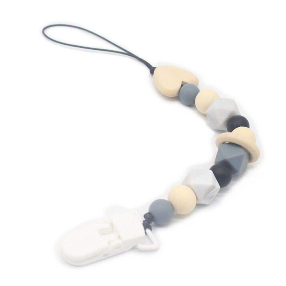 US 1-2 Pack Baby Pacifier Clip Chain Binky Holder Teething Beads Wooden Silicone