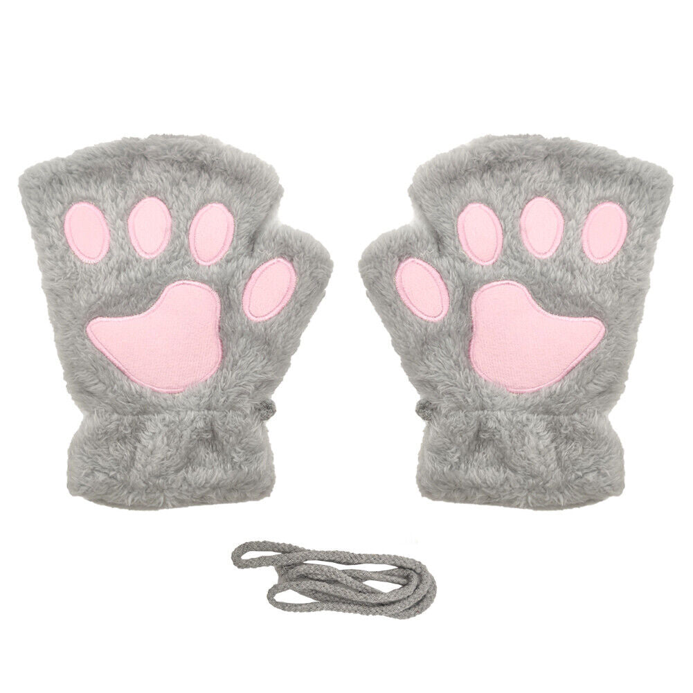 US Cat Claw Bear Paw Gloves Women Warm Plush Faux Fur Cosplay Fingerless Mittens