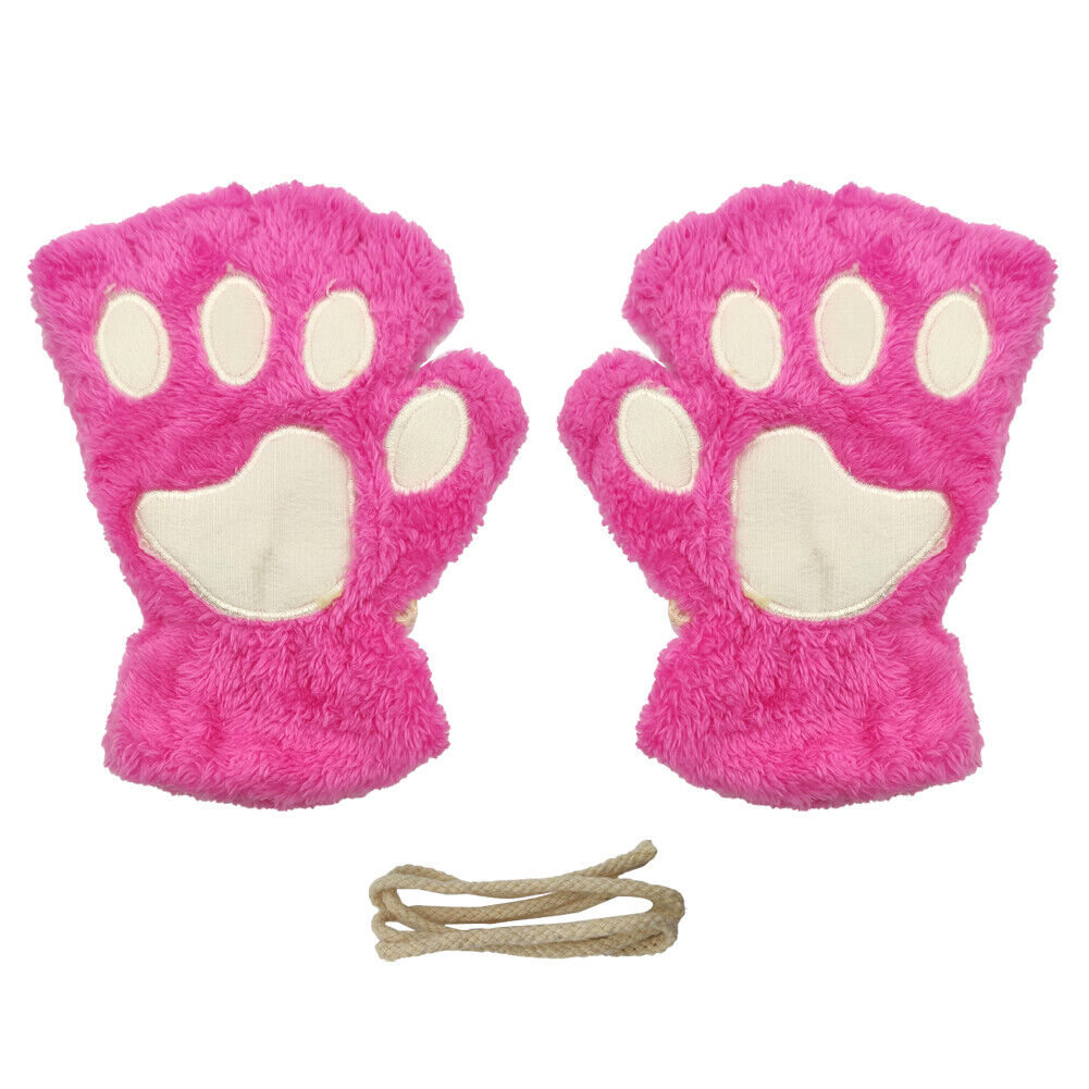 US Cat Claw Bear Paw Gloves Women Warm Plush Faux Fur Cosplay Fingerless Mittens