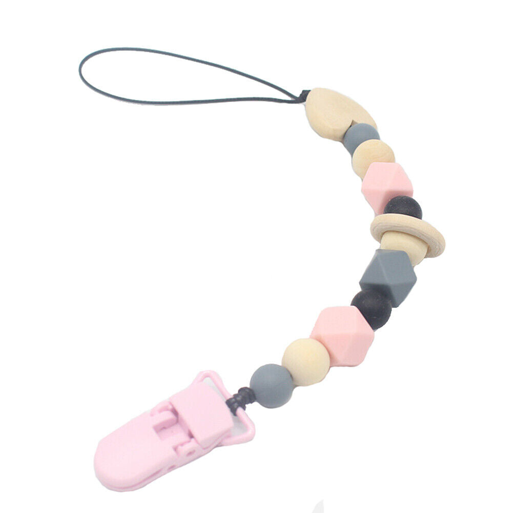 US 1-2 Pack Baby Pacifier Clip Chain Binky Holder Teething Beads Wooden Silicone