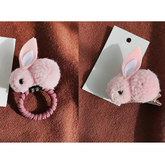 US Pompom Ball Rabbit Hair Rope Tie Ponytail Holder + Hair Clip Girl Gift Set