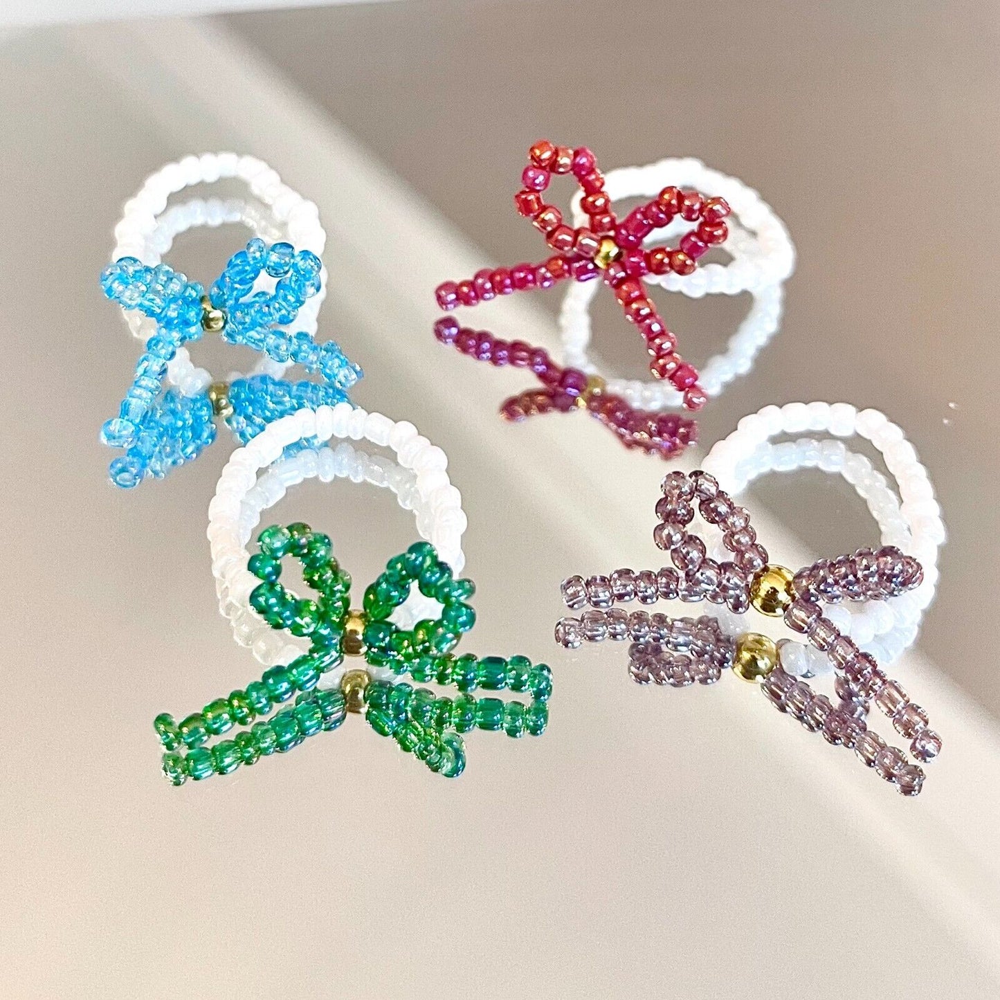 US Handmade Custom Ribbon Knot Seed Bead Ring Glass Bead Luster Stackable Gifts