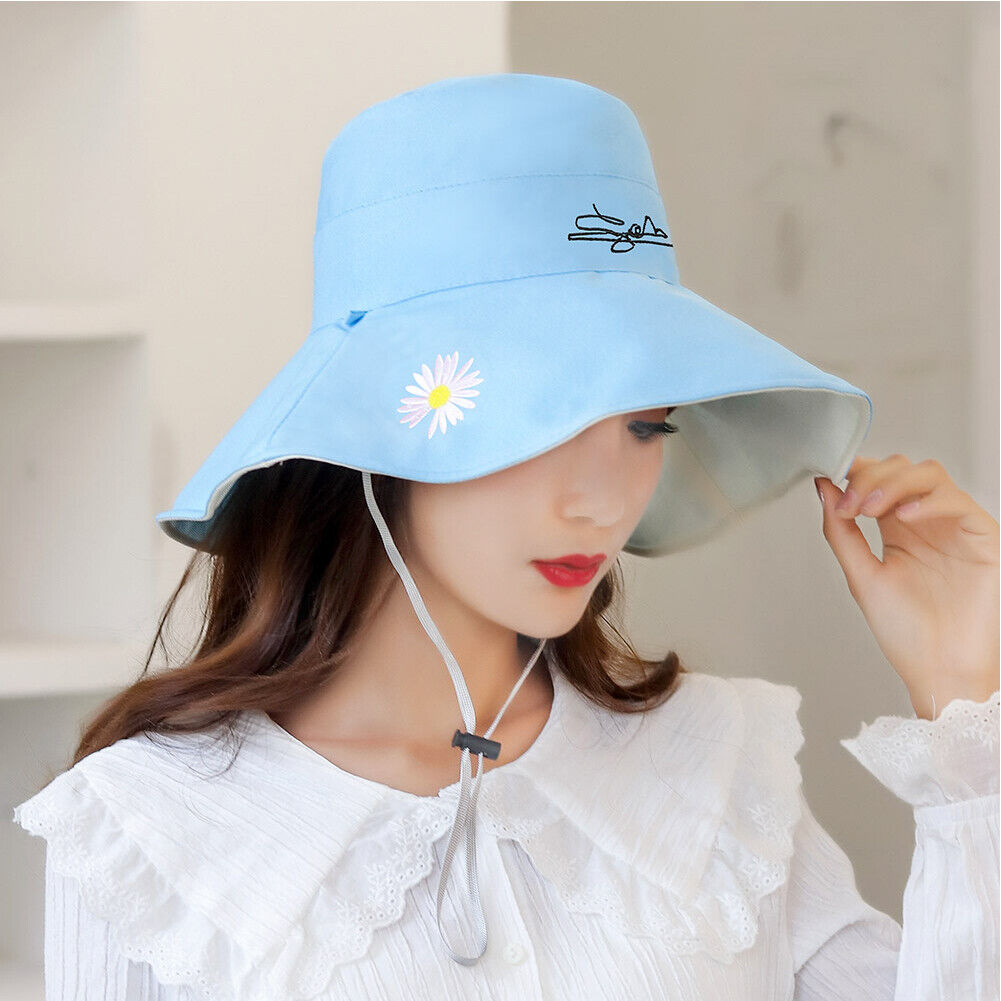 US Daisy Double-Sided UV Protection Wide Brim Bucket Hat Sun Beach Fisherman Cap