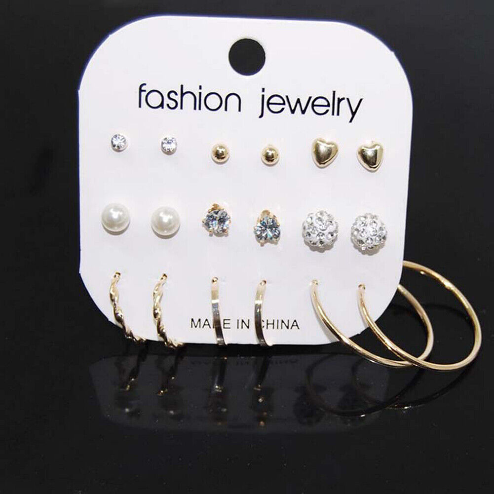 US Lot 4~12 Pairs Rhinestone Crystal Pearl Earrings Set Women Ear Stud Jewelry