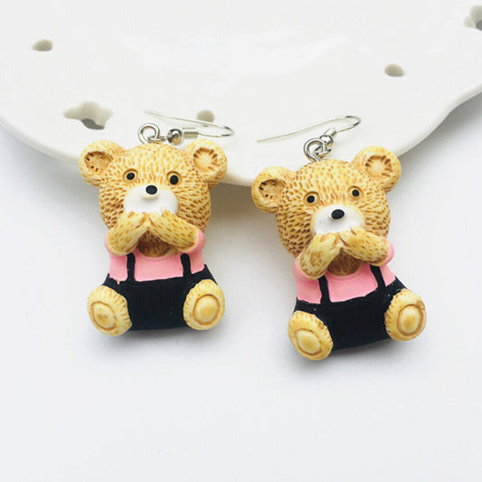 US Cute Bear in Suit Emotional Face Expression Earrings Miniature Jewelry Gifts