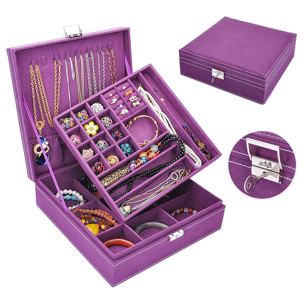 US Two-Layer Lint Large Jewelry Box Organizer Display Storage case with Lock