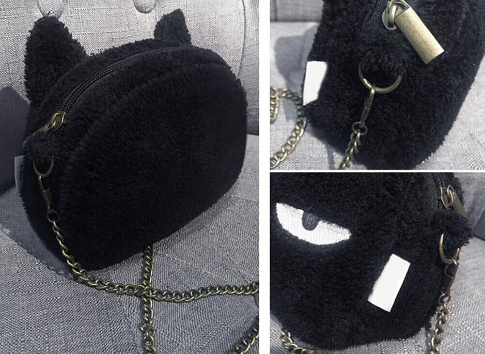 US Women Cat Kitten Butt Fluffy Plush Chain Handbag Purse Crossbody Shoulder Bag