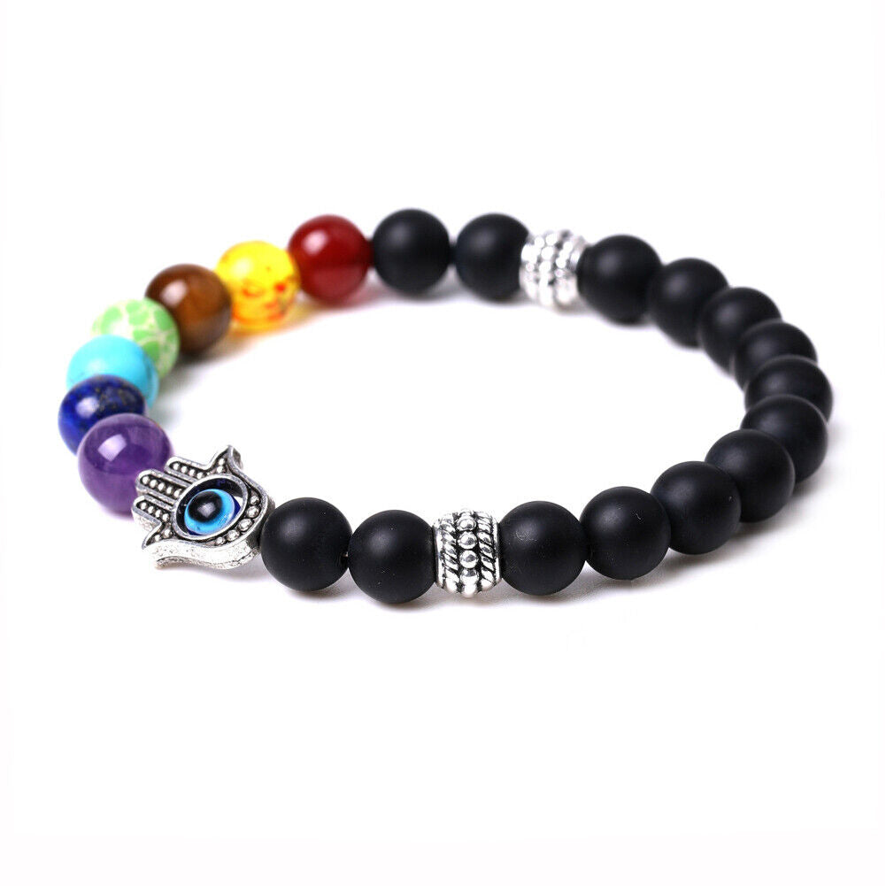 US 1-2Pcs Hamsa Hand Fatima 7-Chakra Lava Agate Beads Bracelet Reiki Energy Yoga