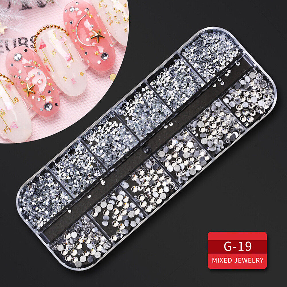 US 12 Grids Nail Glitter Flakes Sequins Rhinestones Pearl Nail Art Decorations