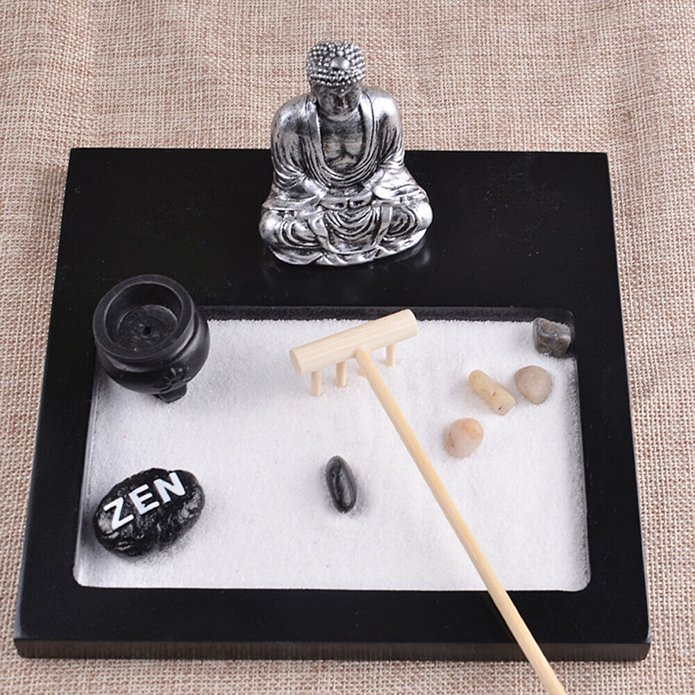 US Tabletop Mini Meditation Zen Garden w/ Pavilion statue Rock Venues Rake Sand