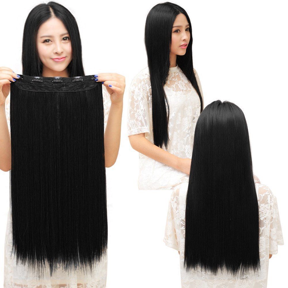 【US Stock】 3/4 Full Head Hair Extensions Clip Straight Curly w/ 5 Clips, Long