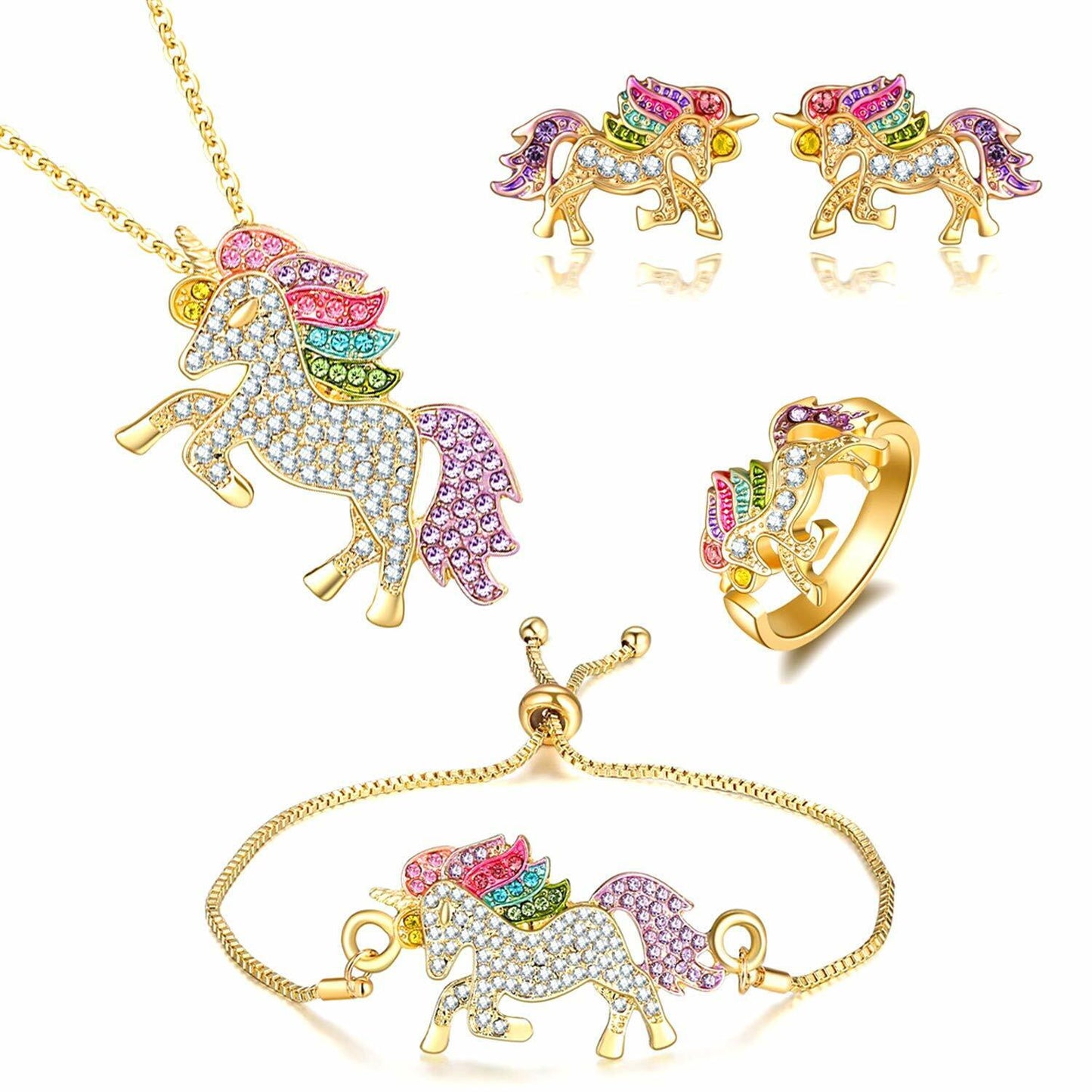 US Unicorn Jewelry Rainbow Rhinestone Crystal Necklace/ Bracelet/ Earring/ Ring