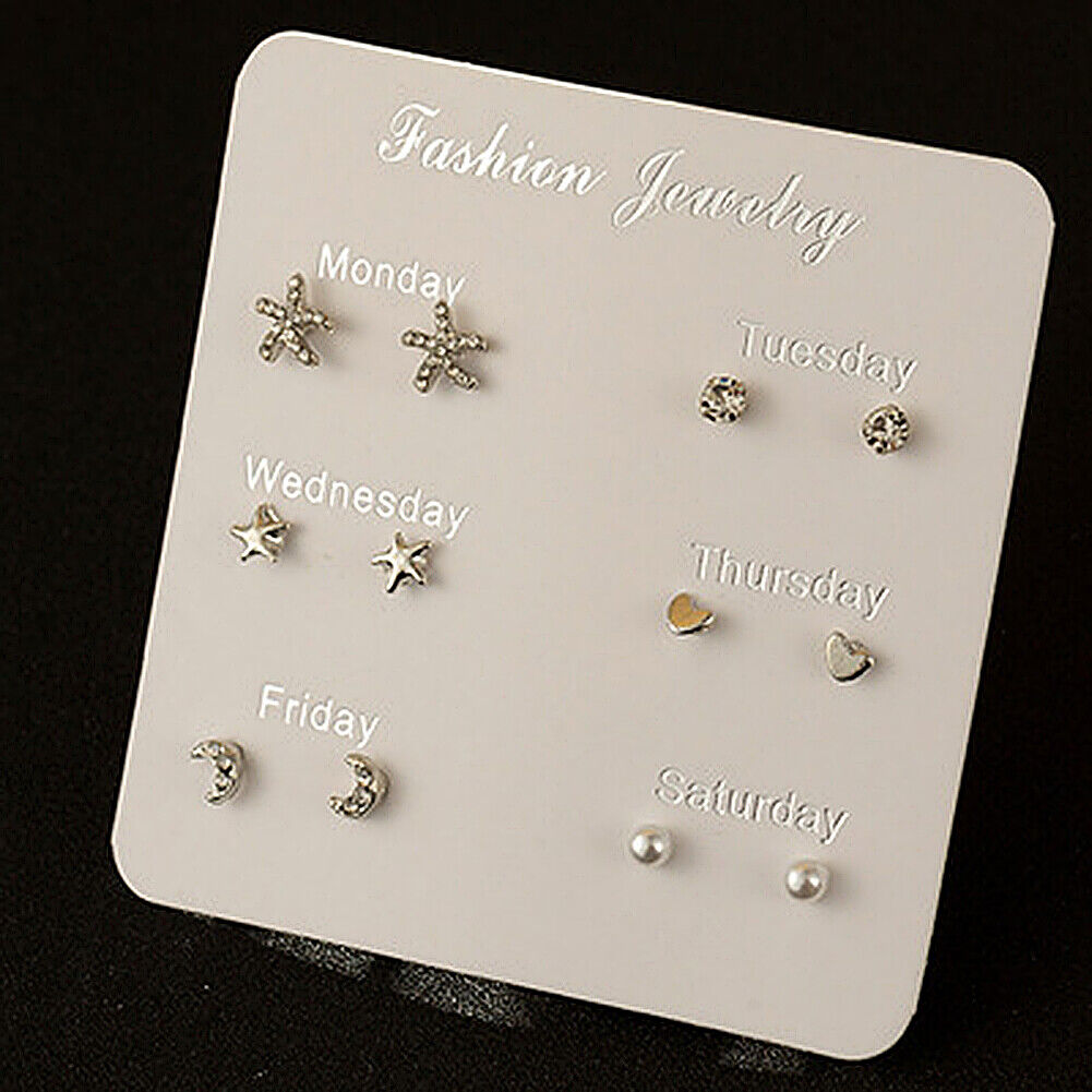 US 6~7 Pairs/Set Korean Style Week Earrings Set Crystal Rhinestone Ear Stud Gift