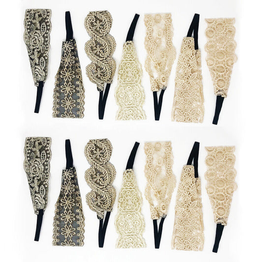 US 7~14Pcs Women Lace Headband Stretch Hairband Elegant Wide Headwrap Turban