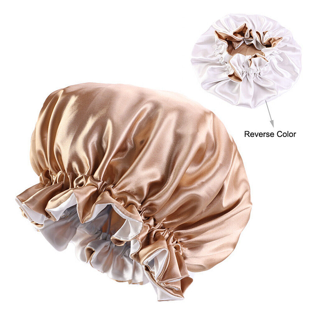 US Double-sided Satin Night Sleep Cap Hair Bonnet Hat Head Cover w/ Elastic Band