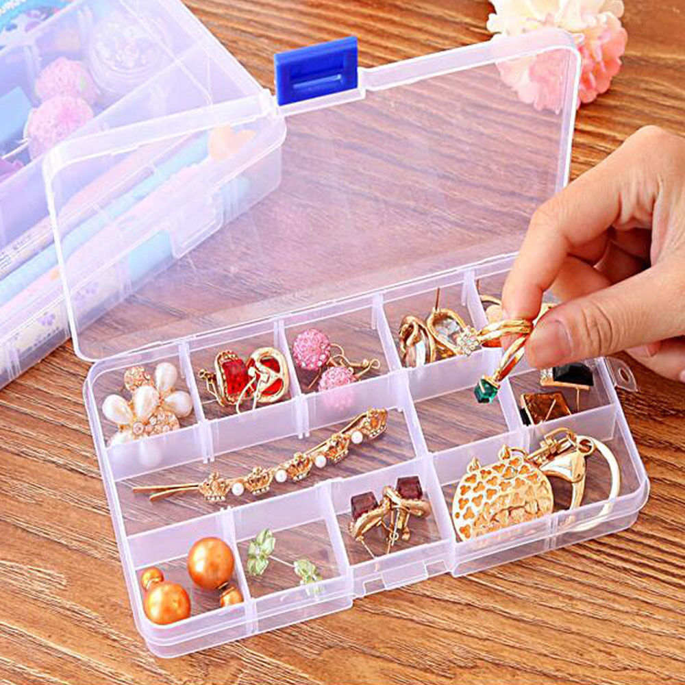 2 Pack Plastic Storage Box Jewelry Earring Tool Containers w/Divider, 10-15 Grid