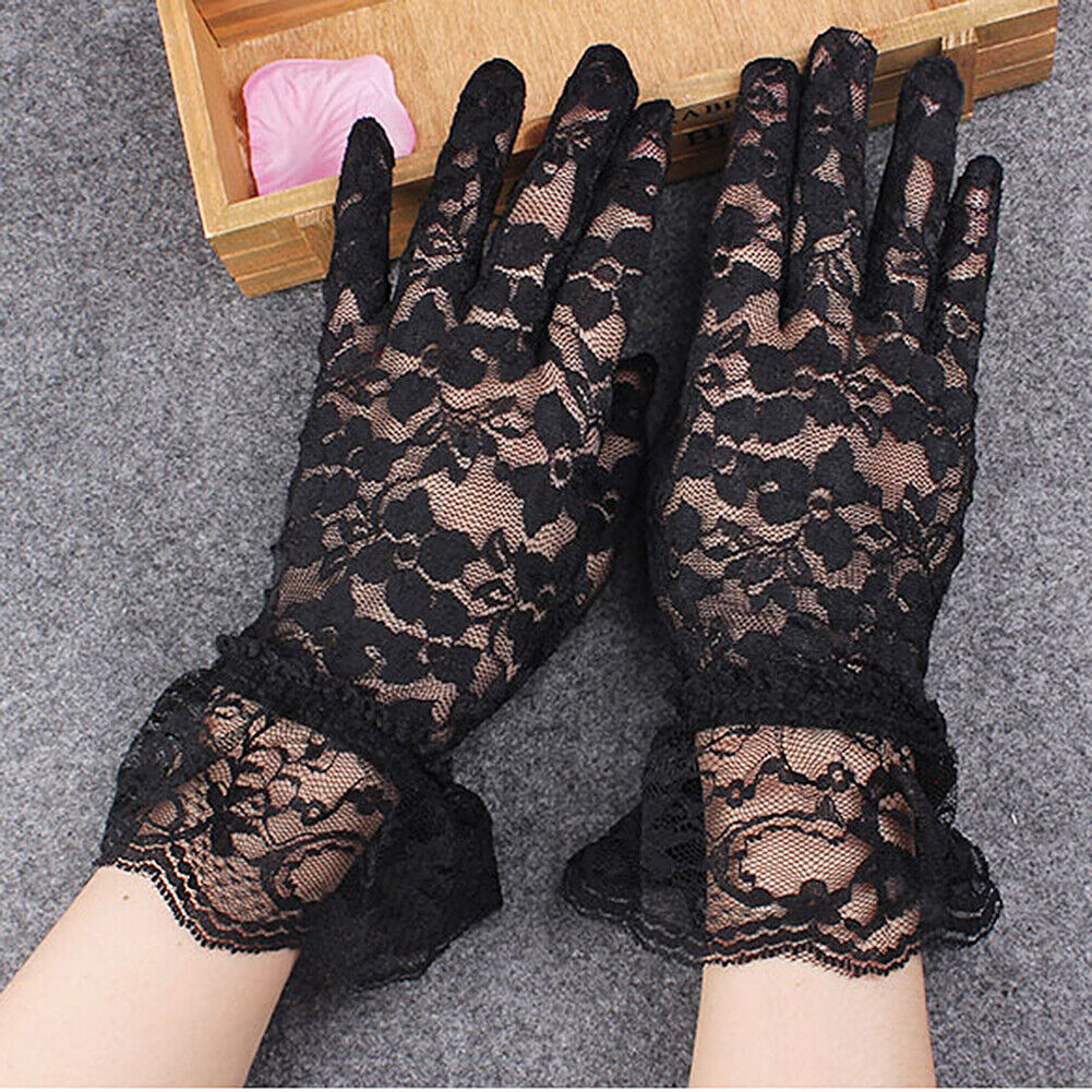 US 1-2 Pairs Sexy Lace Wrist Length Gloves w/ Ruffle Bride Wedding Prom Anti UV