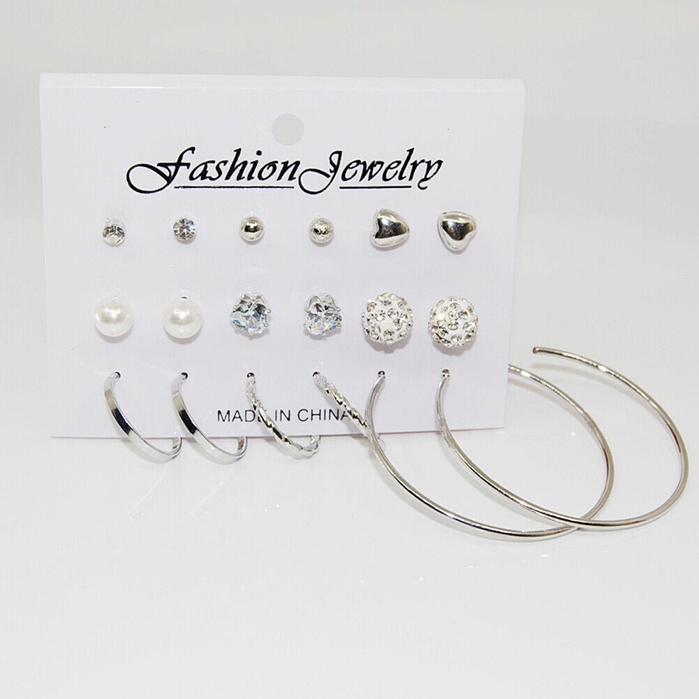 US Lot 4~12 Pairs Rhinestone Crystal Pearl Earrings Set Women Ear Stud Jewelry