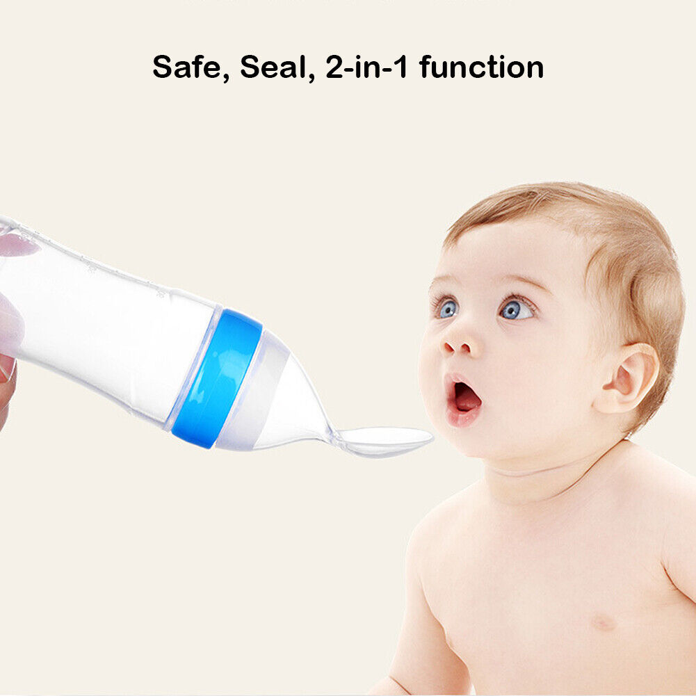 US Baby Silicone Squeeze Feeding Bottle w/Spoon Food Self-stand Feeder 3oz/90ML