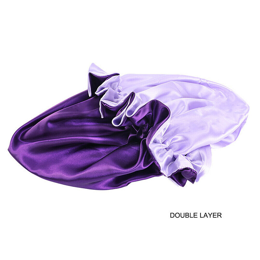 US Double-sided Satin Night Sleep Cap Hair Bonnet Hat Head Cover w/ Elastic Band