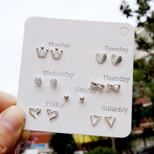 US 6~7 Pairs/Set Korean Style Week Earrings Set Crystal Rhinestone Ear Stud Gift