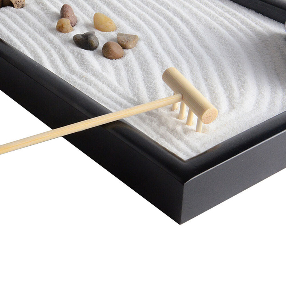 US Tabletop Mini Meditation Zen Garden w/ Pavilion statue Rock Venues Rake Sand