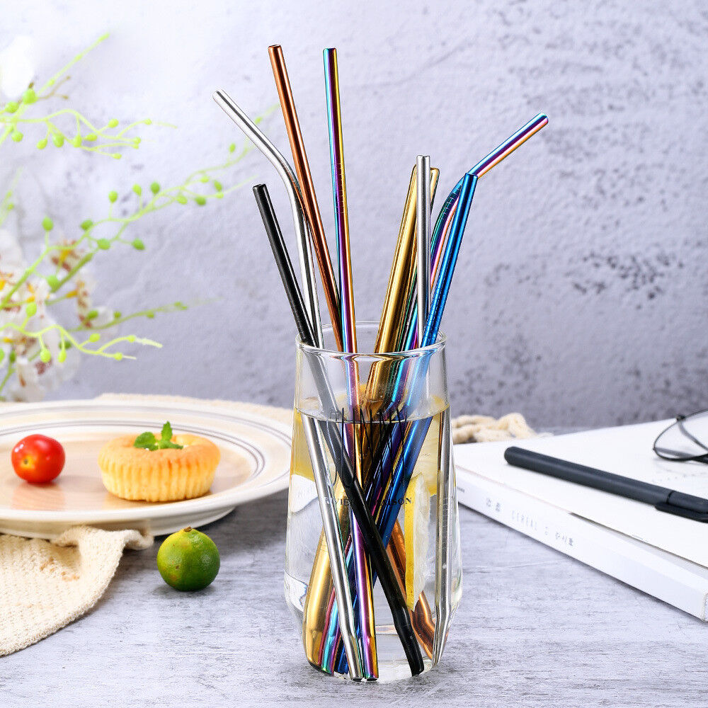 US 8pcs 10.5" Stainless Steel Ultra Long Metal Cocktail Straw + 2 Cleaner Brush