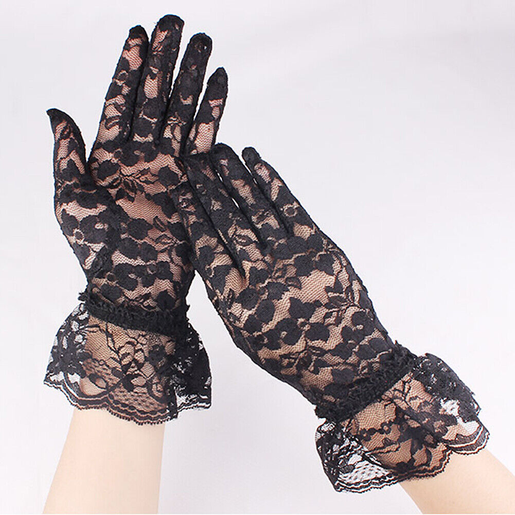 US 1-2 Pairs Sexy Lace Wrist Length Gloves w/ Ruffle Bride Wedding Prom Anti UV