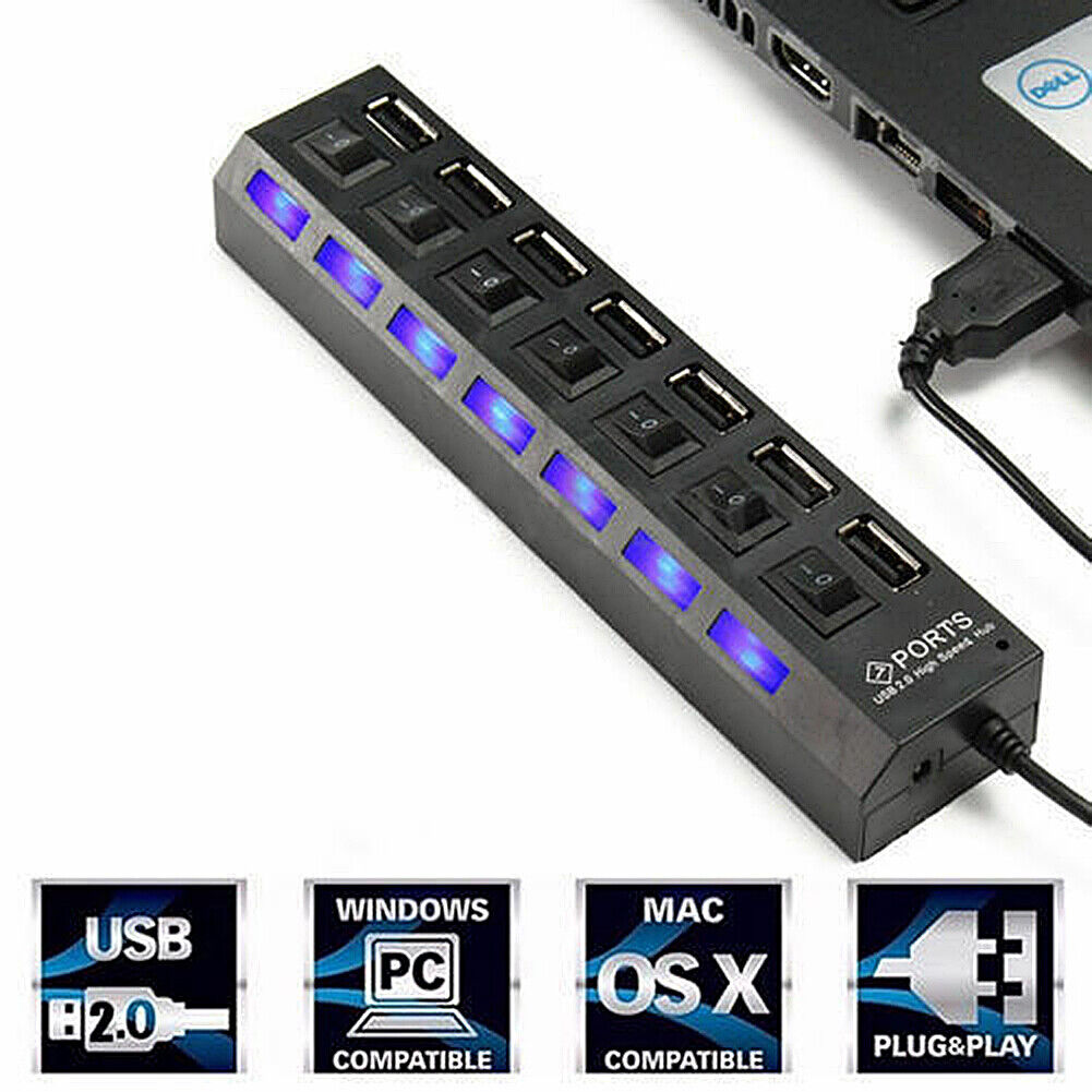 US 7 Port USB 2.0 Multi Charger Hub High Speed Adapter ON/OFF Switch Laptop/PC