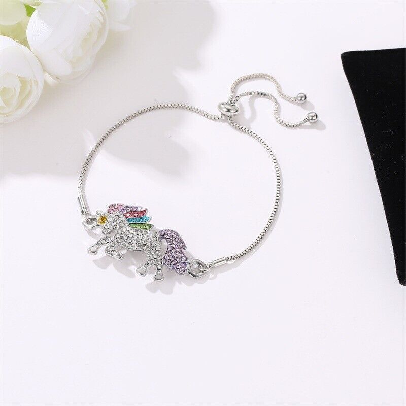 Unicorn Jewelry Set Rainbow Rhinestone Crystal Necklace, Bracelet, Earring,Ring