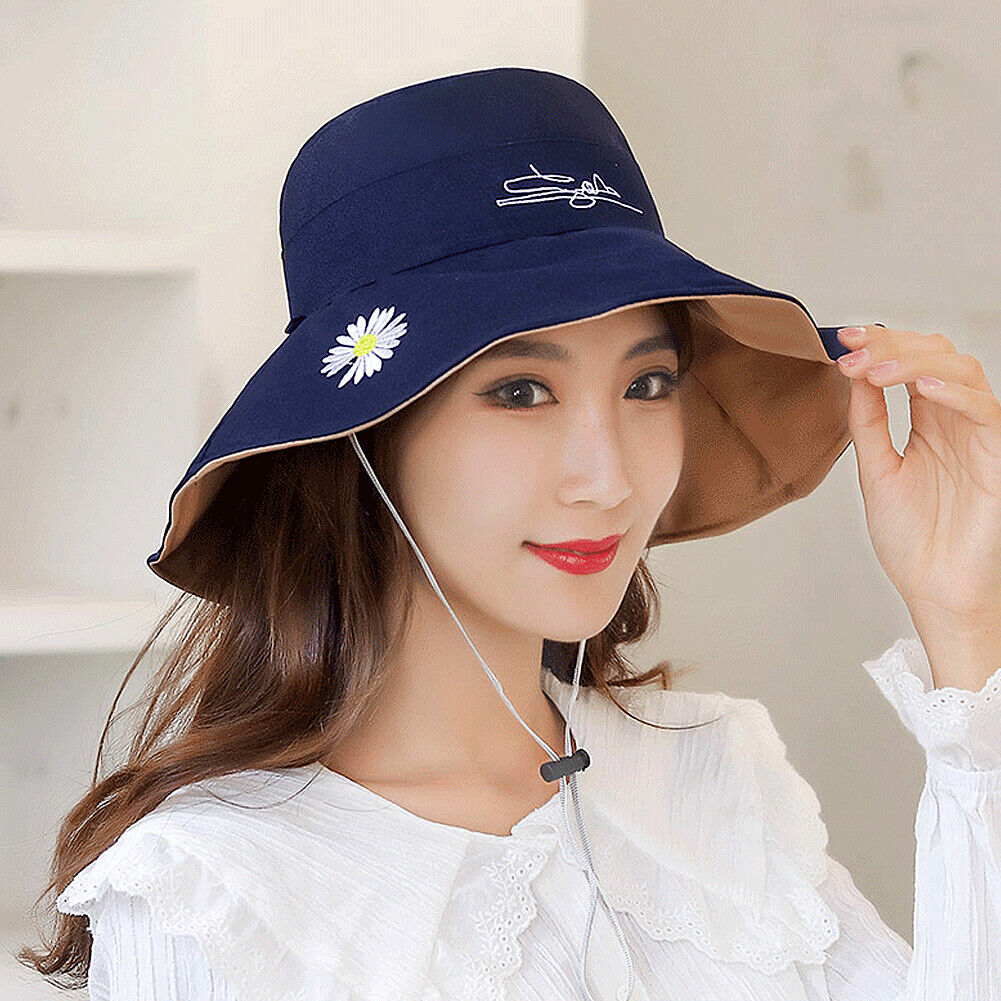 US Daisy Double-Sided UV Protection Wide Brim Bucket Hat Sun Beach Fisherman Cap