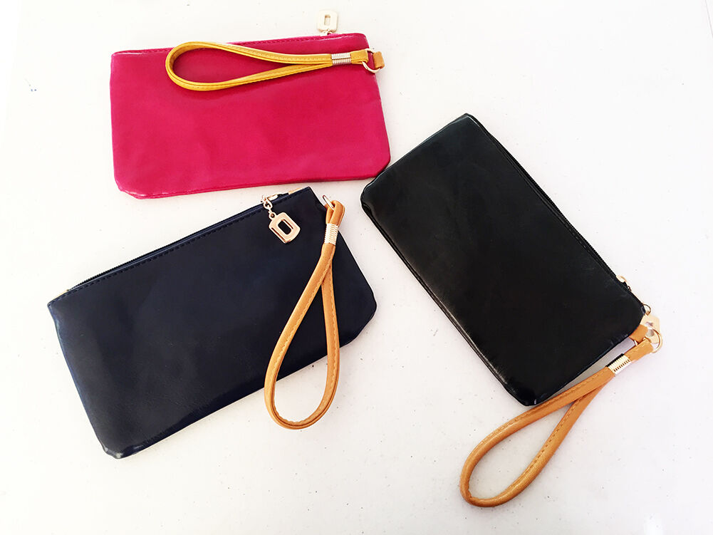 Soft PU Leather Basic Essential Envelope Style Clutch Wrist Bag with Wrist Band