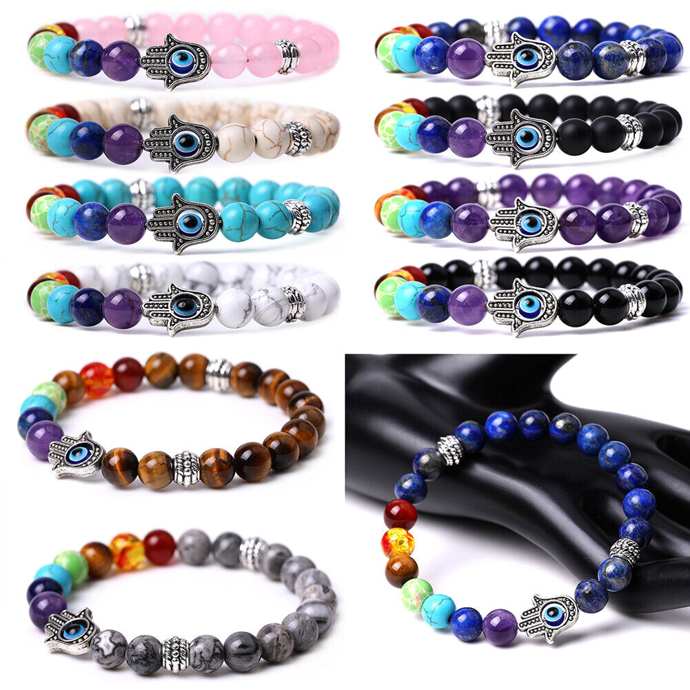 US 1-2Pcs Hamsa Hand Fatima 7-Chakra Lava Agate Beads Bracelet Reiki Energy Yoga