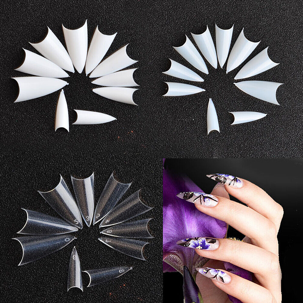 US 500-1000Pcs Stiletto French False Fake Acrylic Nail Tips Coffin Nails Long