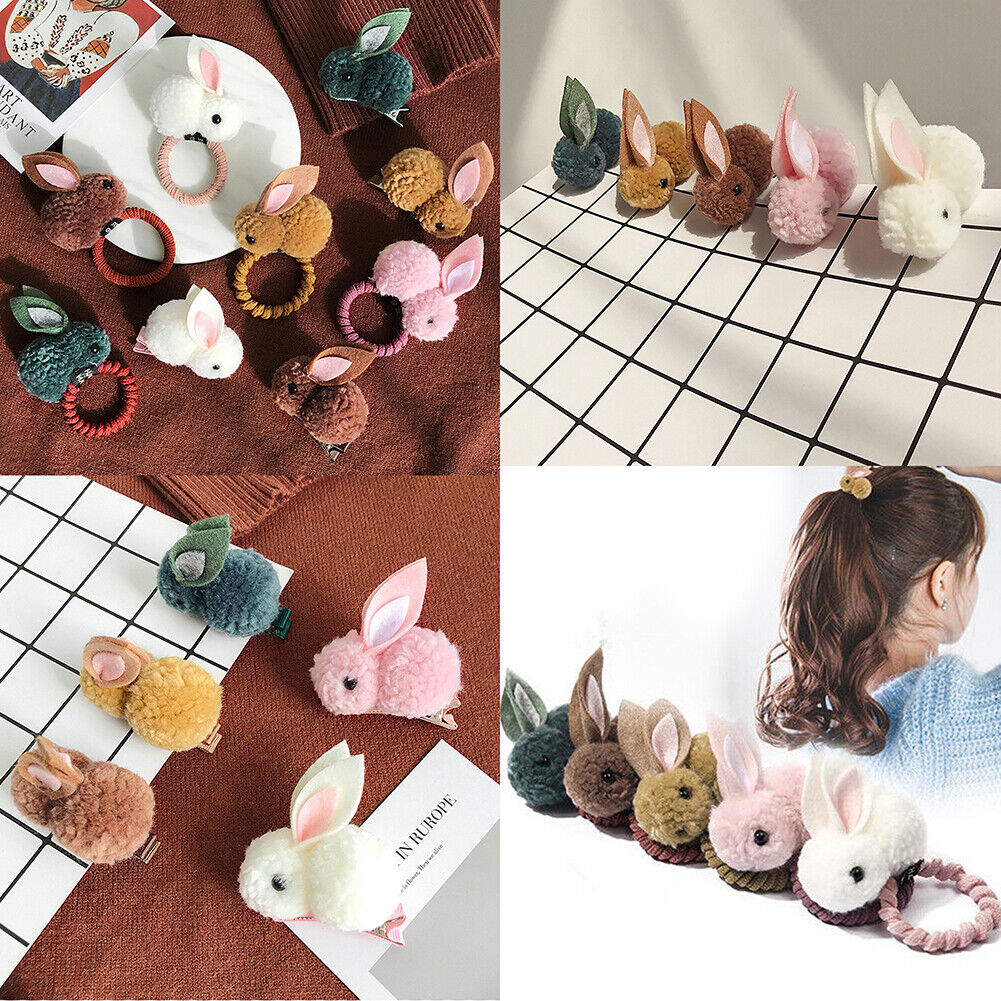 US Pompom Ball Rabbit Hair Rope Tie Ponytail Holder + Hair Clip Girl Gift Set