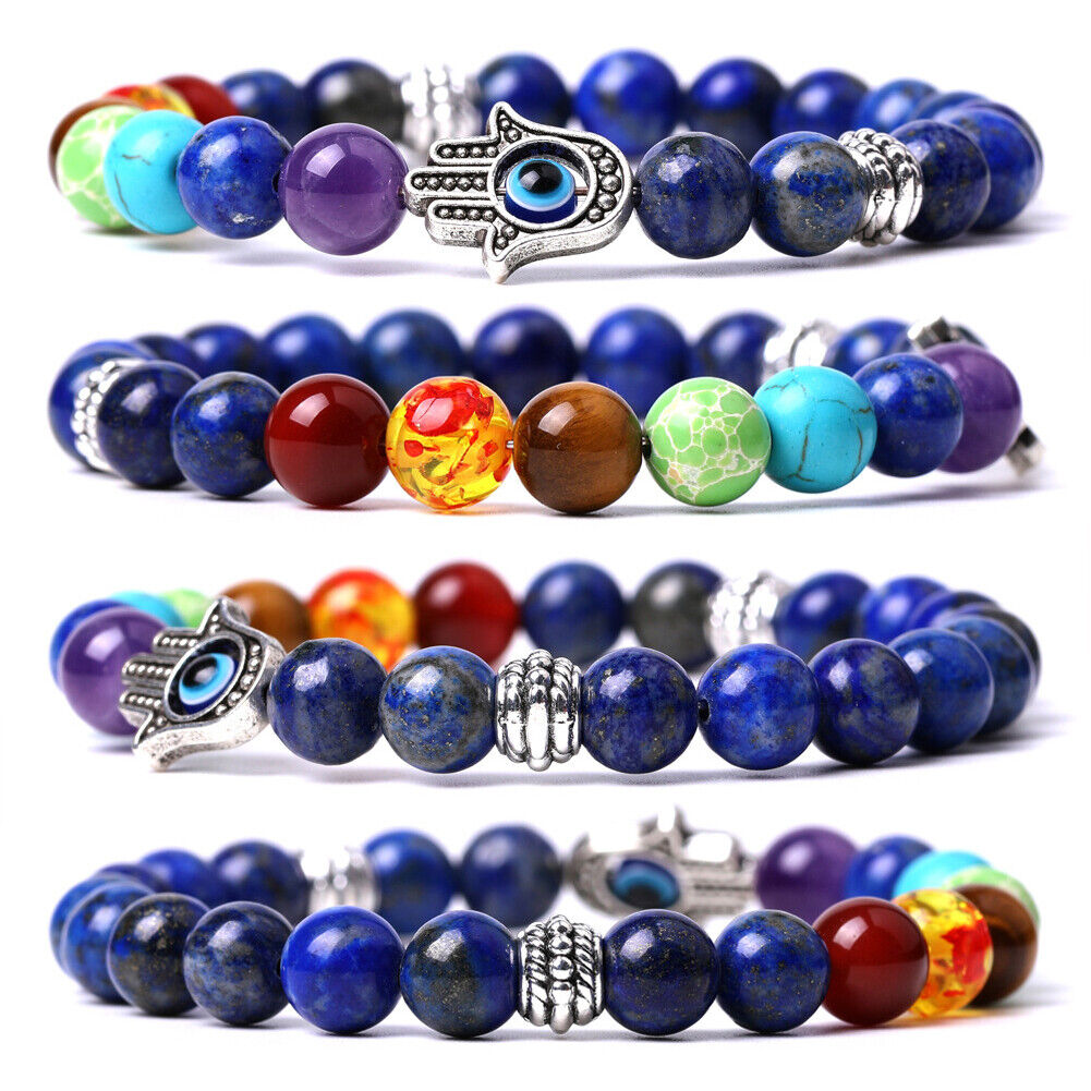 US 1-2Pcs Hamsa Hand Fatima 7-Chakra Lava Agate Beads Bracelet Reiki Energy Yoga