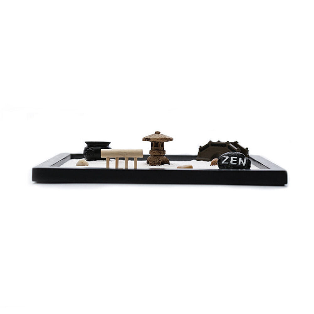 US Tabletop Mini Meditation Zen Garden w/ Pavilion statue Rock Venues Rake Sand