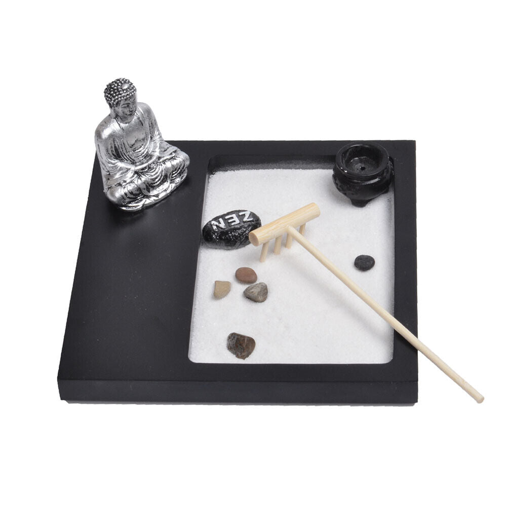 US Tabletop Mini Meditation Zen Garden w/ Pavilion statue Rock Venues Rake Sand