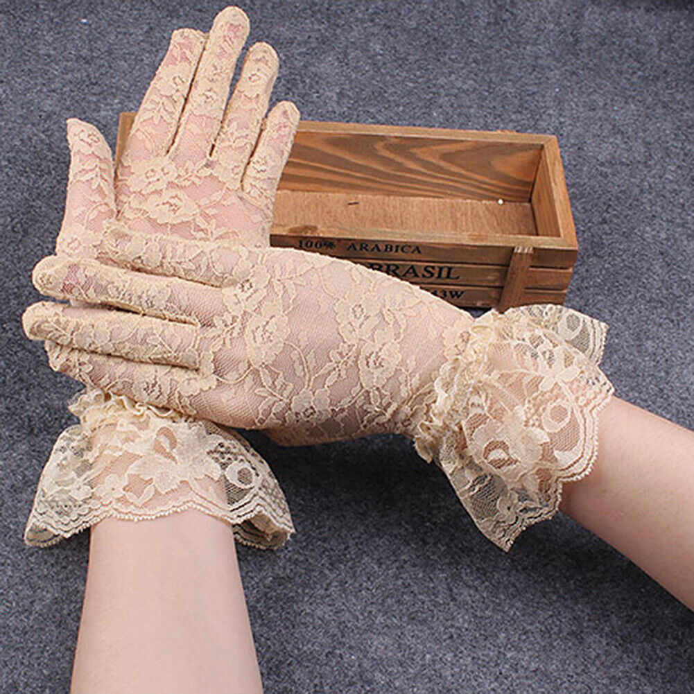 US 1-2 Pairs Sexy Lace Wrist Length Gloves w/ Ruffle Bride Wedding Prom Anti UV