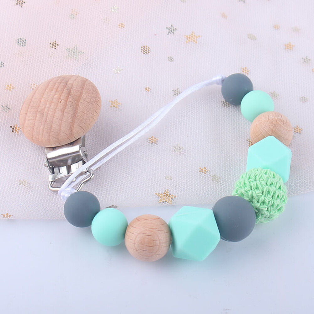 US 1-2 Pack Baby Pacifier Clip Chain Binky Holder Teething Beads Wooden Silicone