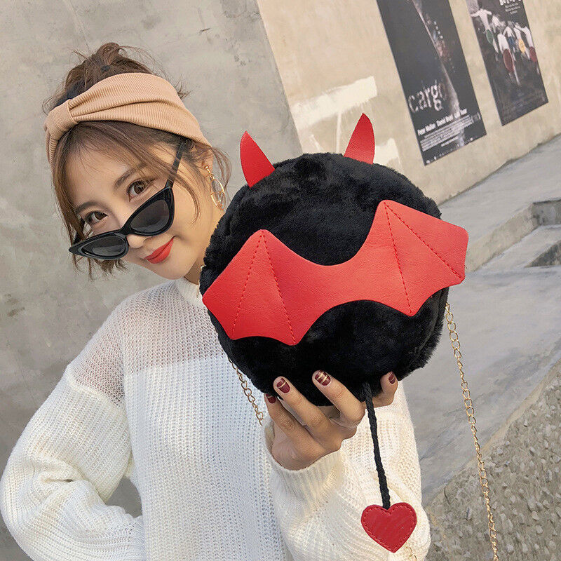 Magik Devil Monster Crossbody Shoulder Bag Faux Fur Fluffy Bat Doll Toys Handbag