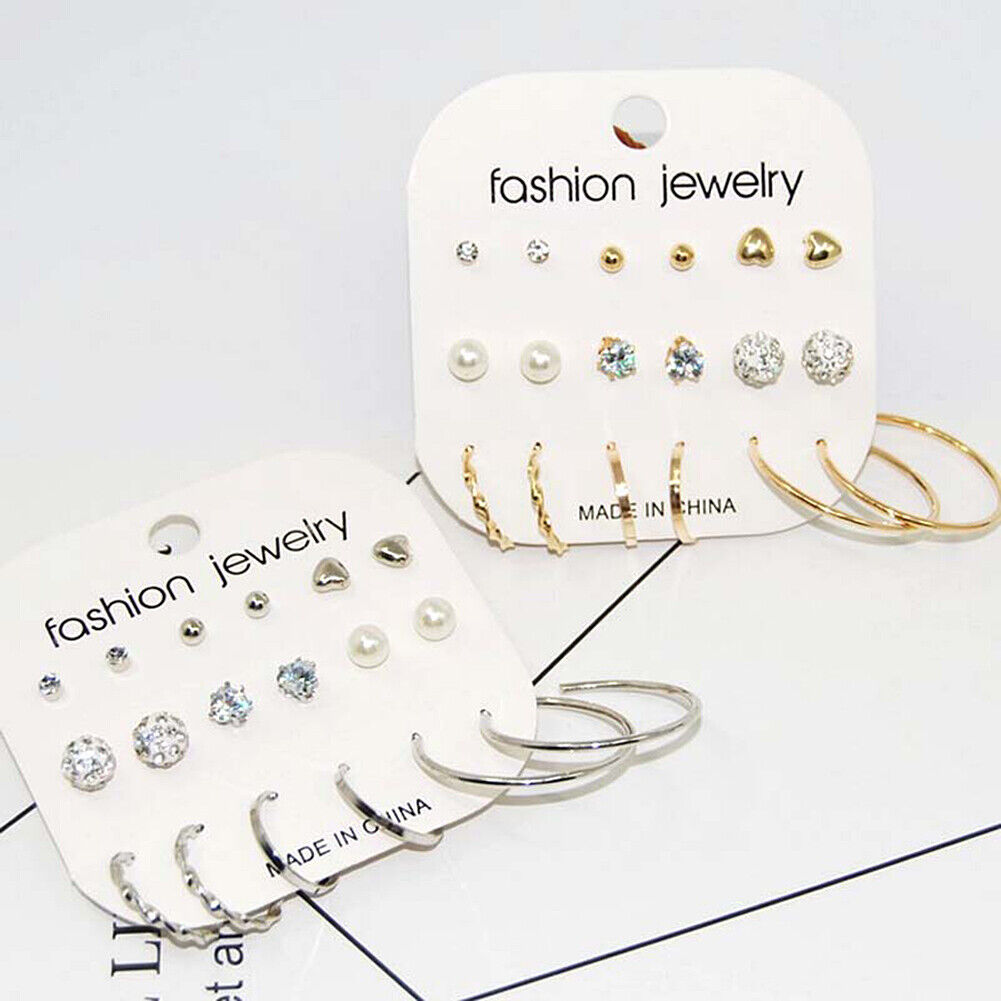 US Lot 4~12 Pairs Rhinestone Crystal Pearl Earrings Set Women Ear Stud Jewelry