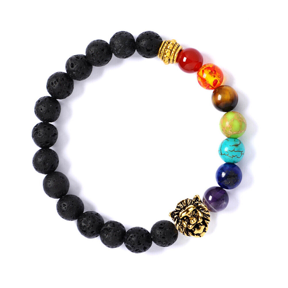 US 7-Chakra Healing Buddha Lion Drum Beads Lava Stone Reiki Meditation Bracelet