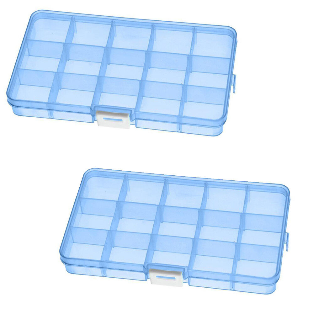 2 Pack Plastic Storage Box Jewelry Earring Tool Containers w/Divider, 10-15 Grid