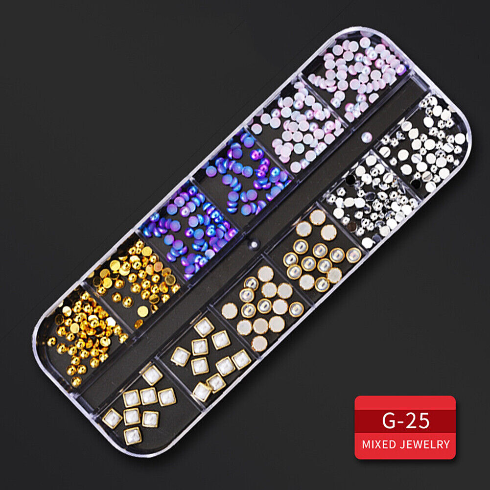 US 12 Grids Nail Glitter Flakes Sequins Rhinestones Pearl Nail Art Decorations