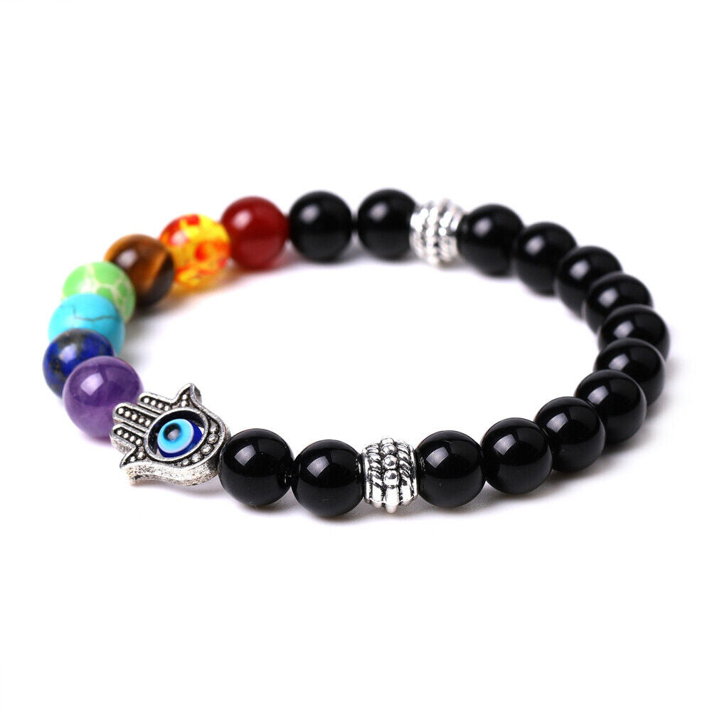 US 1-2Pcs Hamsa Hand Fatima 7-Chakra Lava Agate Beads Bracelet Reiki Energy Yoga