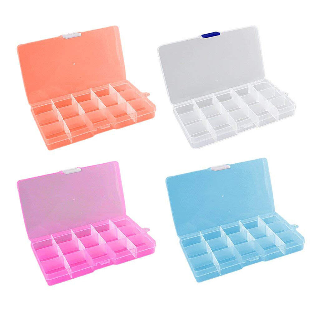 2 Pack Plastic Storage Box Jewelry Earring Tool Containers w/Divider, 10-15 Grid