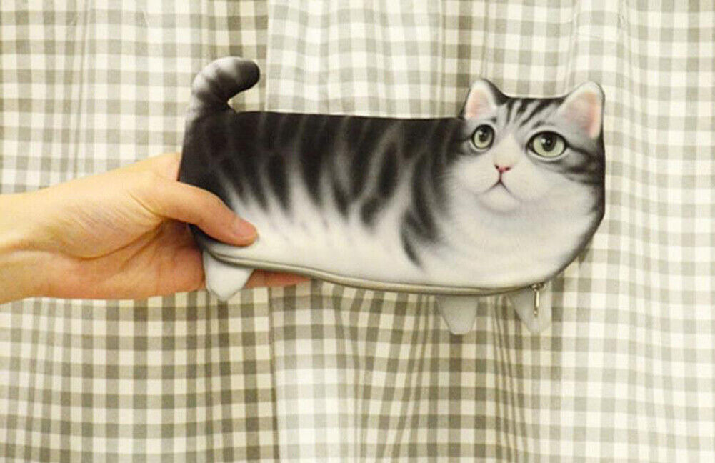 US 3D Cat Zipper Pen Case Makeup Pouch Tool Bag Stationary Pencil Box Organizer