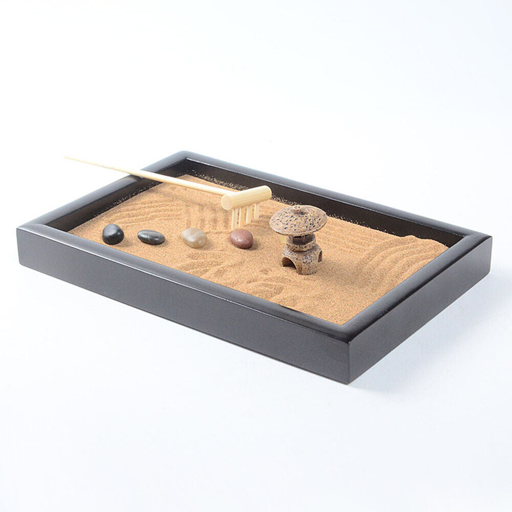 US Tabletop Mini Meditation Zen Garden w/ Pavilion statue Rock Venues Rake Sand