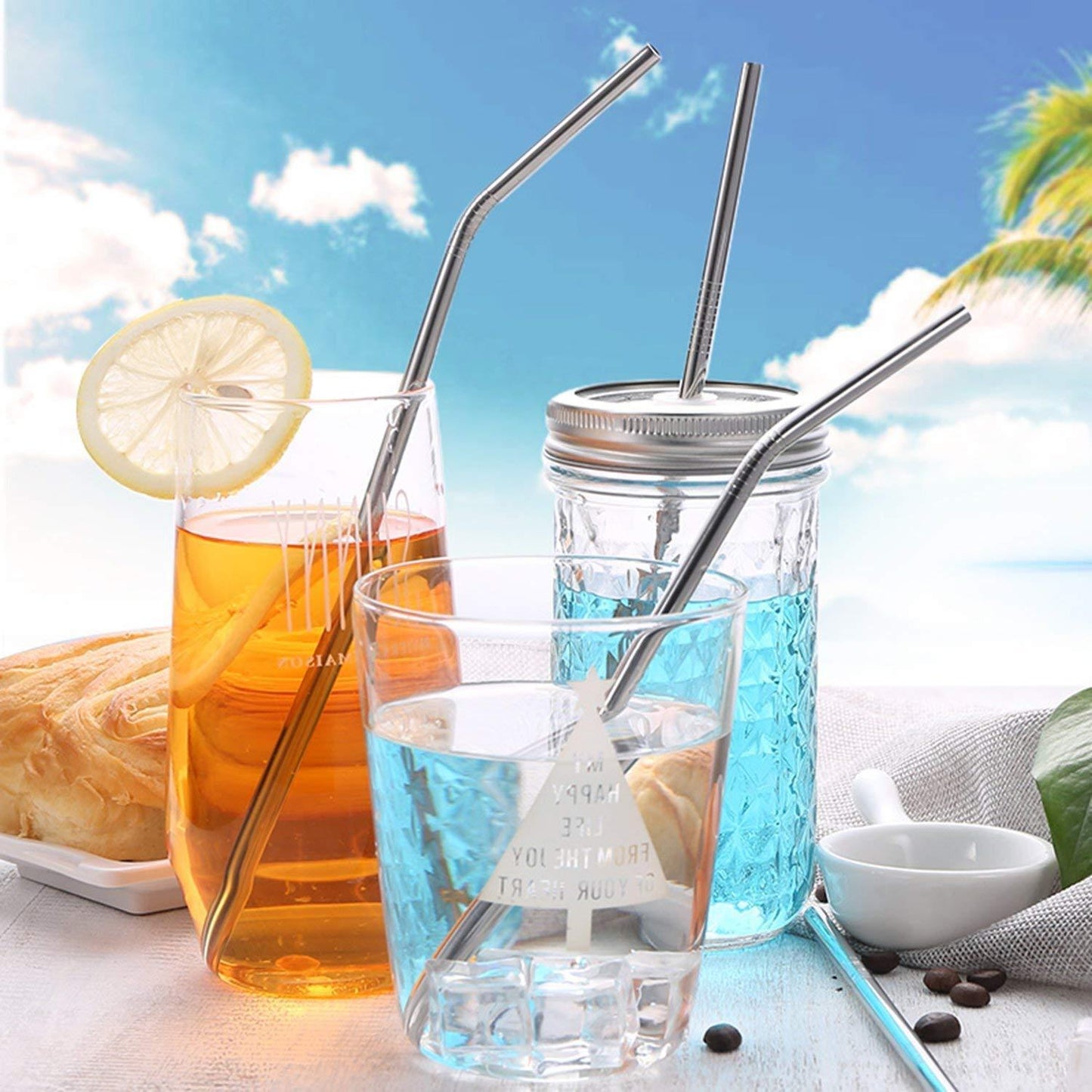US 8pcs 10.5" Stainless Steel Ultra Long Metal Cocktail Straw + 2 Cleaner Brush